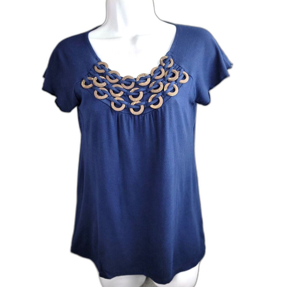 Style & Co Top Blouse Womens M Navy Blue Embellished Neck Interlaced Wood Rings